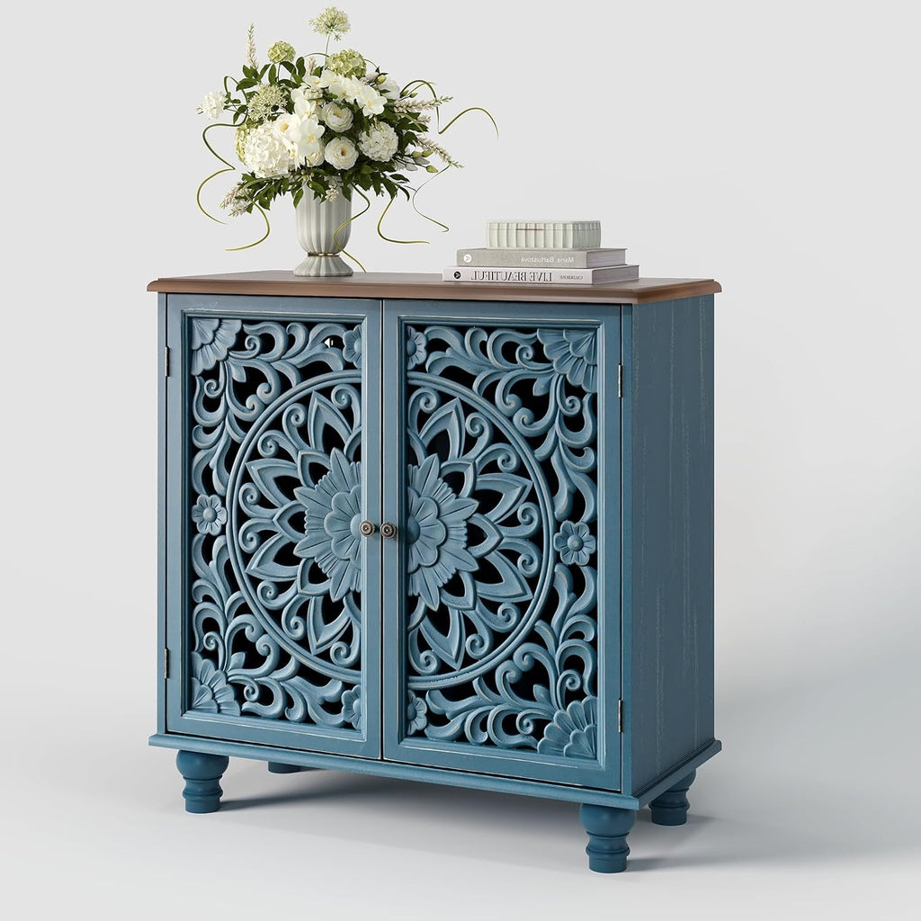 JOINICE 31" Accent Storage Cabinet with Doors for Living Room,Blue & Walnut
