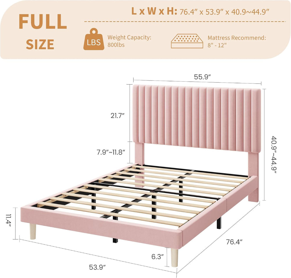 Full Bed Frame with Adjustable Headboard, Velvet Upholstered Platform Bed