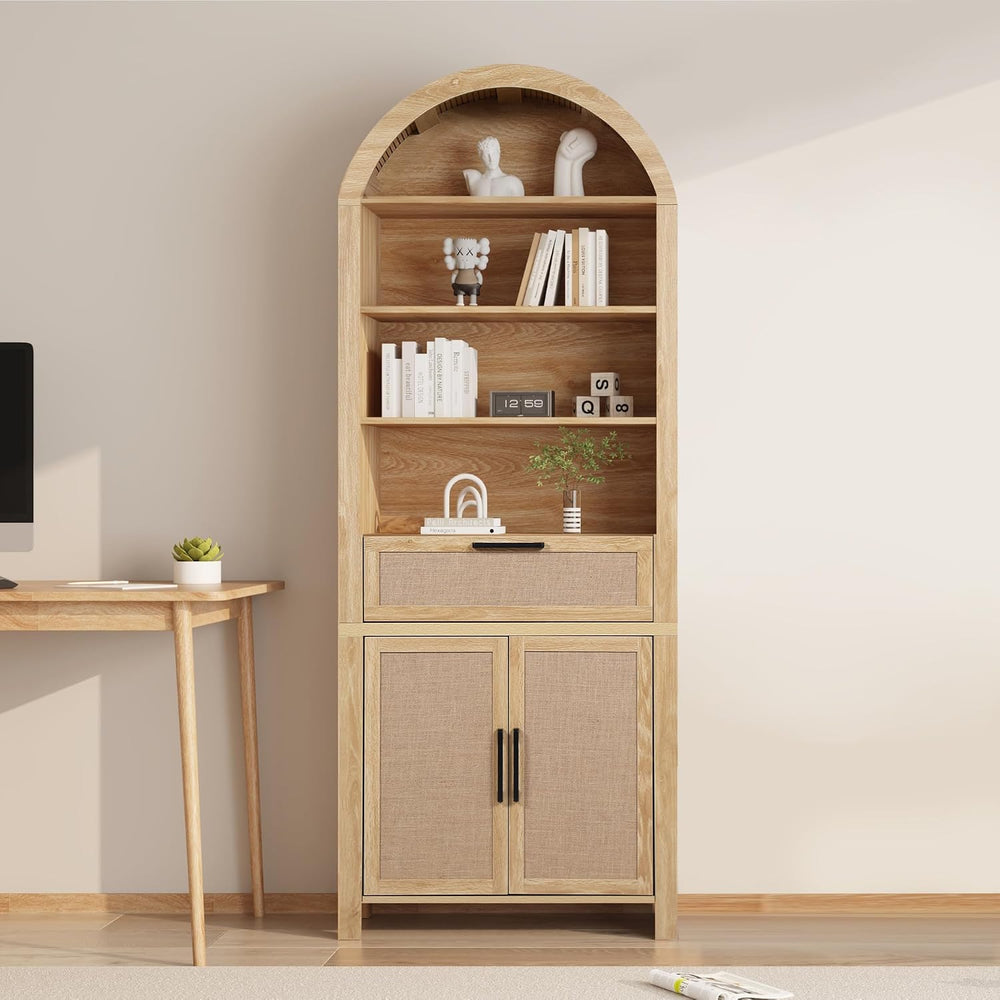 Janmer Home 79" Tall Arched Bookcase Cabinet with Doors, Natural,Rattan