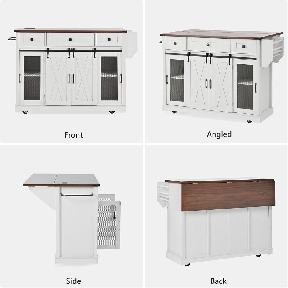 LUMISOL Farmhouse Kitchen Island Cart with Drop Leaf & 3 Drawers, White