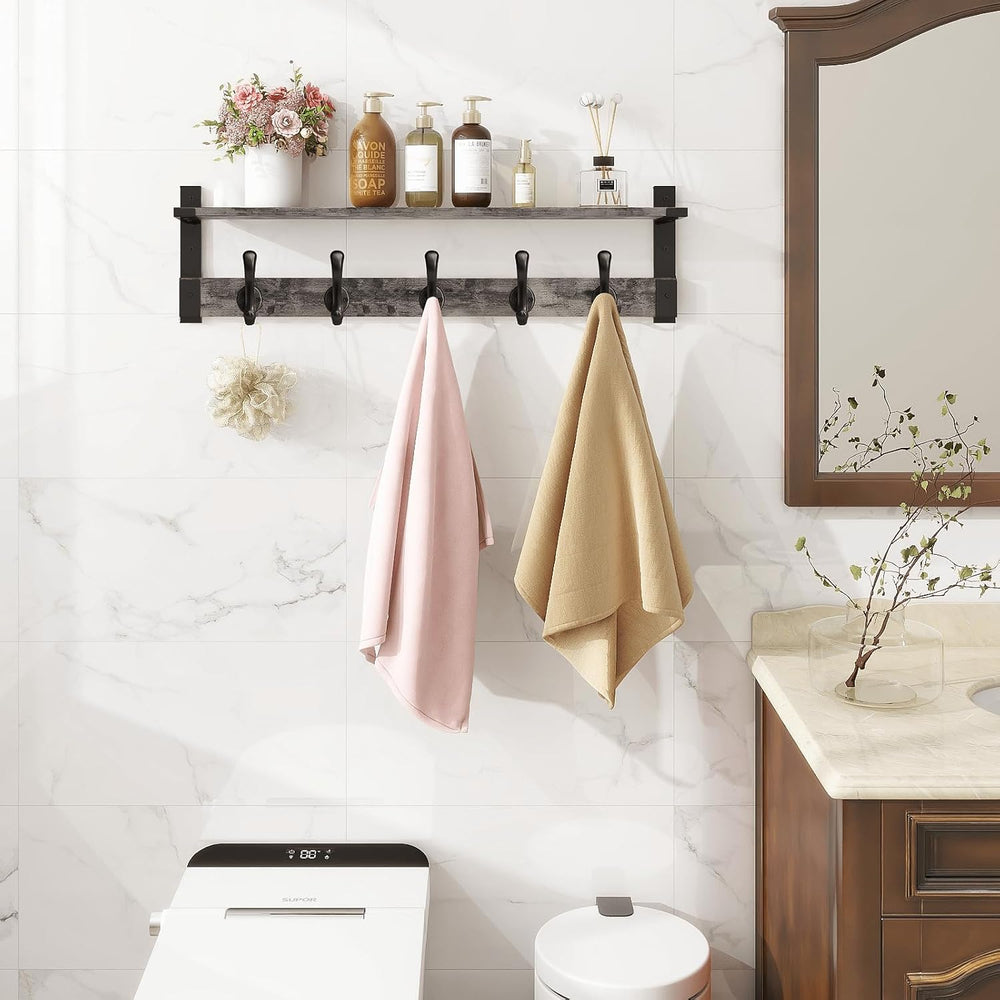Homode Coat Rack Wall Mount with Shelf, 29 Inch Wall Shelf with Hooks, Grey