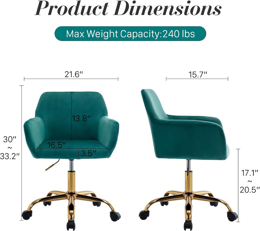 Office Velvet Faux Fur Vanity Desk Chair with Golden Base, Green