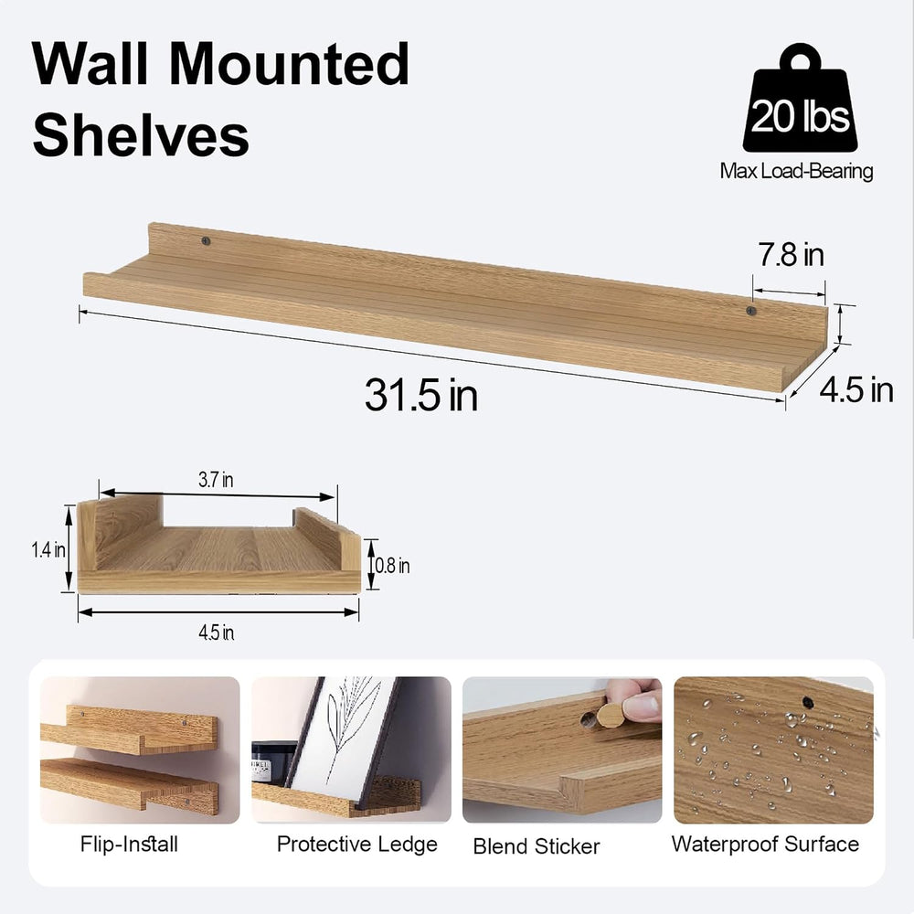 Oak Floating Shelves for Wall Decor, 32 in Shelf with Lip, 2 Set