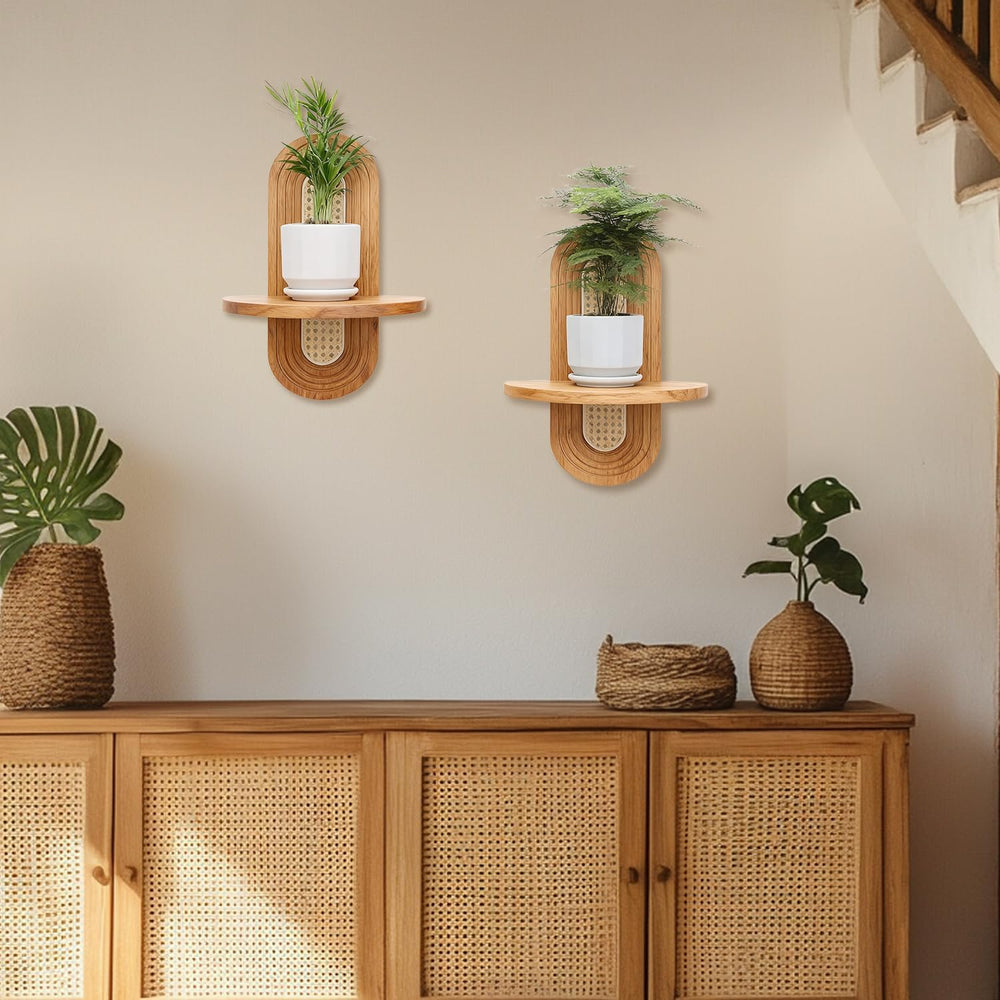 Floating Shelves for Wall, Boho Home Wall Decor,Rattan Plant Shelf Set of 2, ...