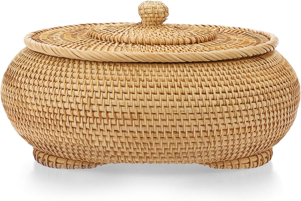 Hipiwe Round Rattan Boxes with Lid, X-Large Woven Wicker Bread Basket Bin