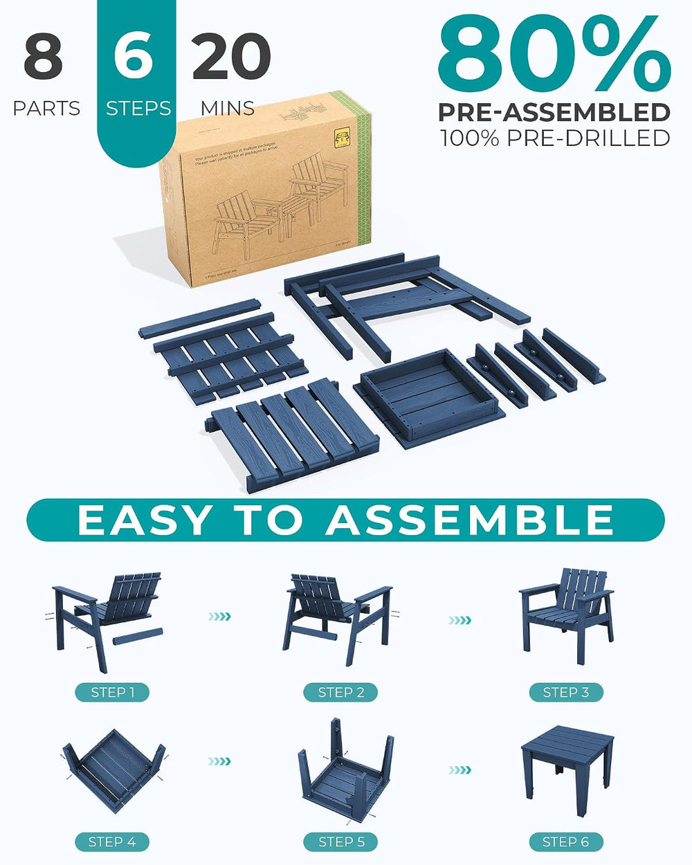SERWALL Low Back Bistro Set-utdoor Adirondack Chairs and Side Table-Navy