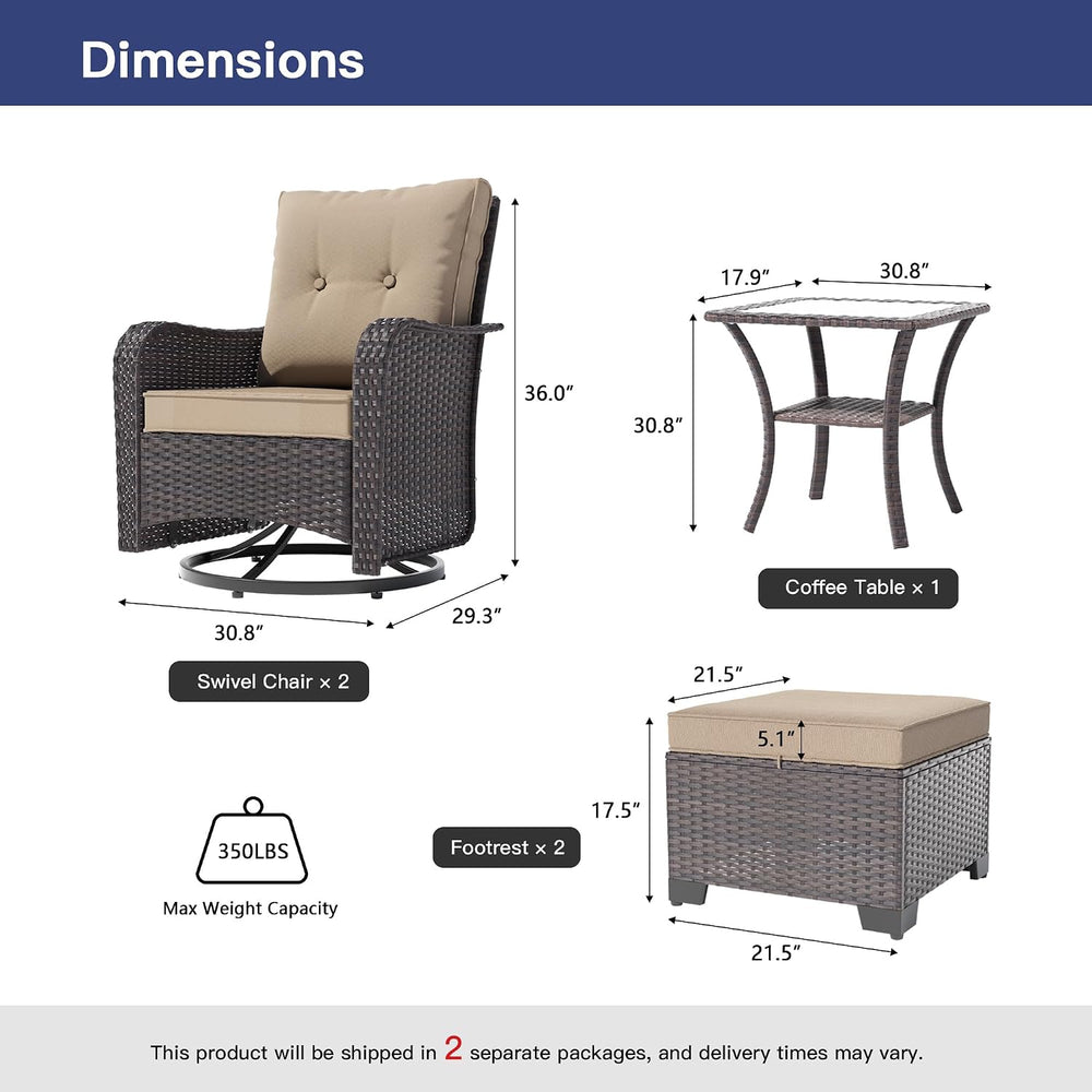 ALAULM 5-Piece Outdoor Swivel Rocking Chair Set with 4” Thick Cushions and Hi...