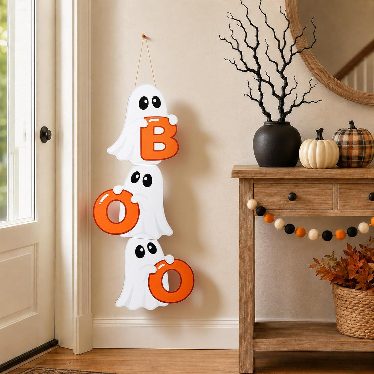 2.95FT Halloween Porch Sign, Wood Ghost Boo Sign for Front Porch