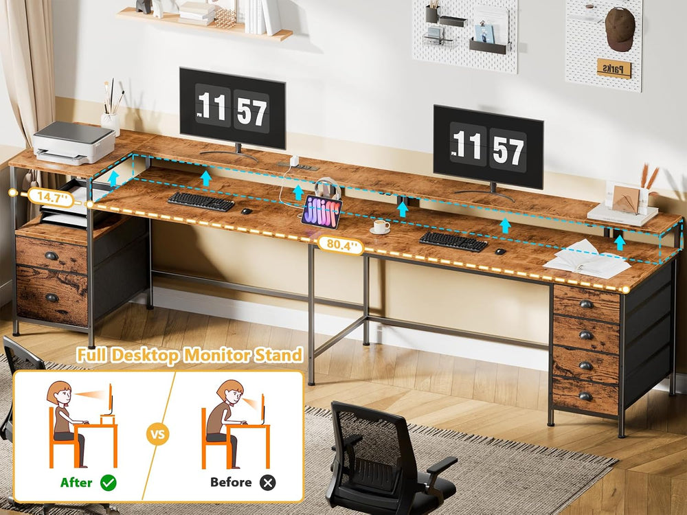 Furologee 95'' Two Person Computer Desk with 6 Drawers, LED, Rustic B...