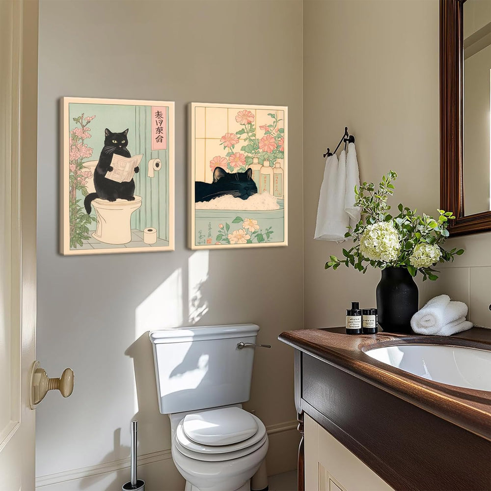 Funny Bathroom Wall Art Set of 3, Japanese Cute Black Cat Wall Decor Painting...
