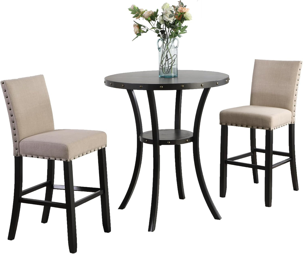 Roundhill Furniture Biony 3 Piece Set - 36" Round Espresso Bar Table with Nail Head Stools, Tan