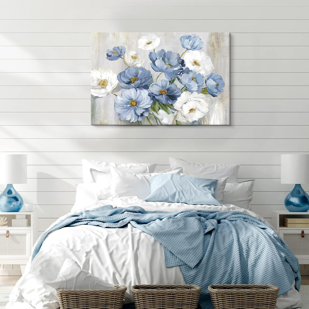Goldfoilart Blue Flower Wall Art Light Blue and White Floral Canvas Print, 36...
