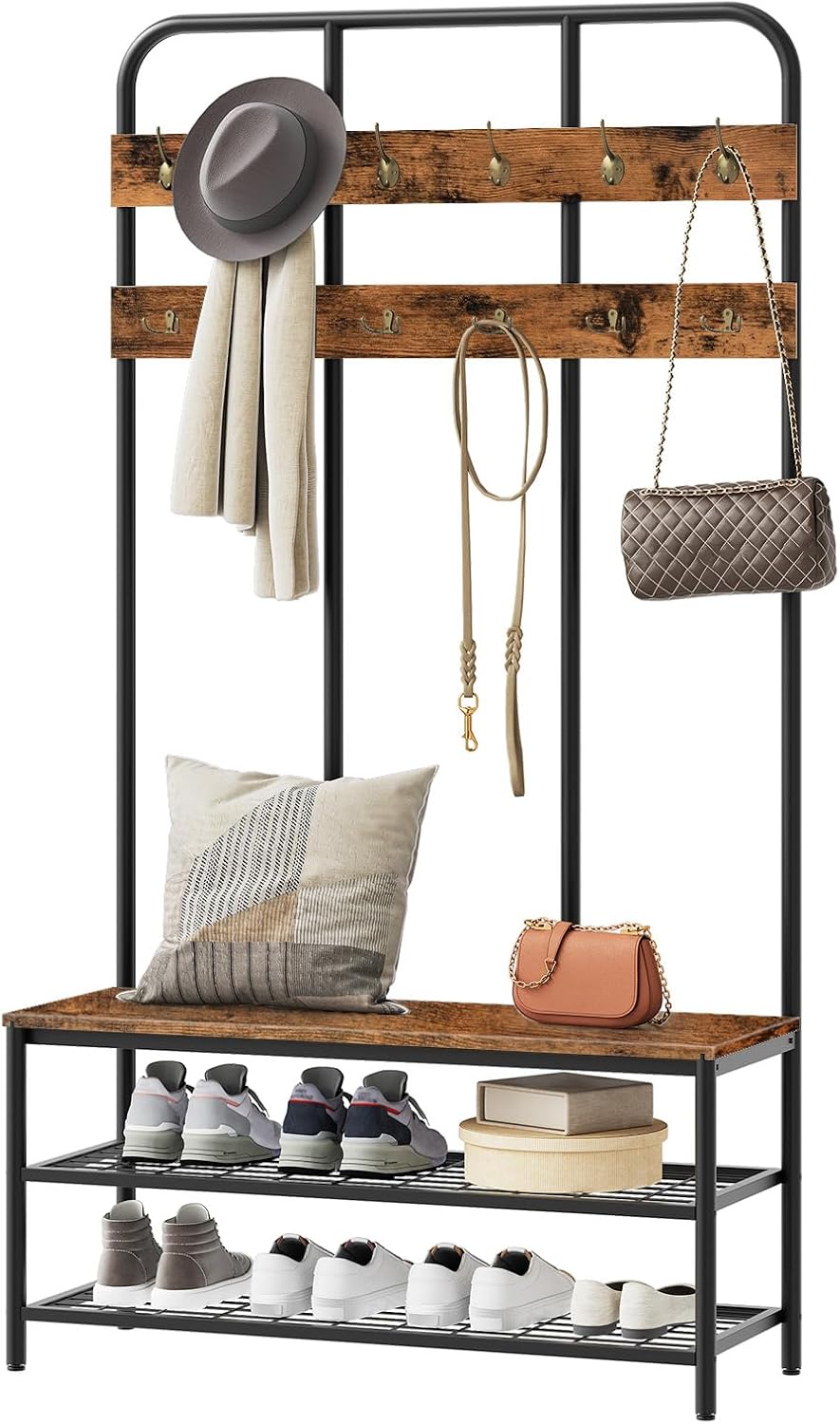 HOOBRO Hall Tree with Bench, Entryway Bench with Coat Rack, Mud Room Rack wit...