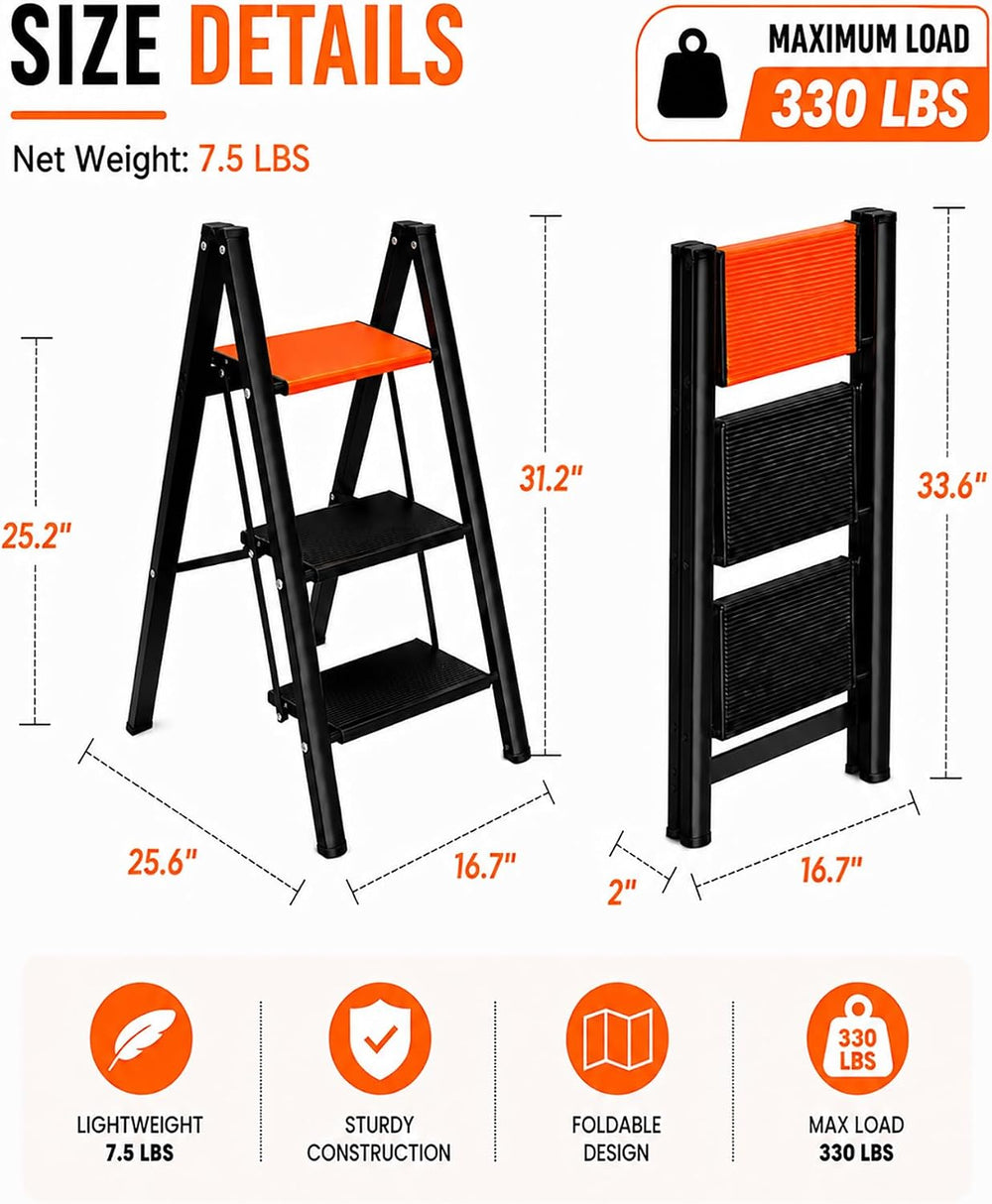 3 Step Ladder Lightweight Aluminum Folding Step Stool OrangeBlack