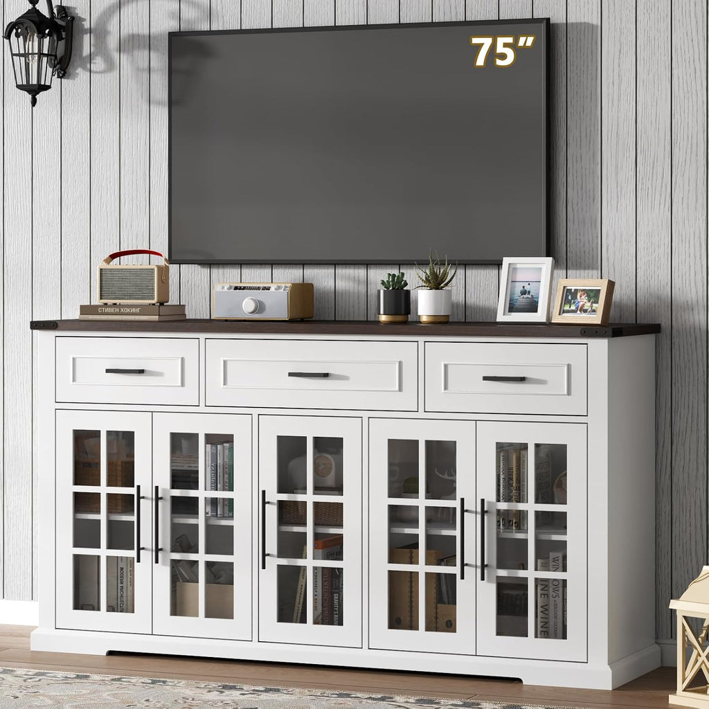 63" Buffet Cabinet with Glass Doors, Farmhouse Sideboard with 3 Drawers