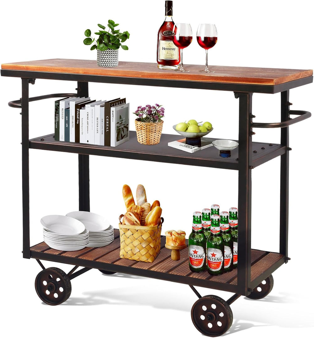 Topower Industrial Bar Cart, Serving Cart with Wheels and Handle, 3-Tier Beve...