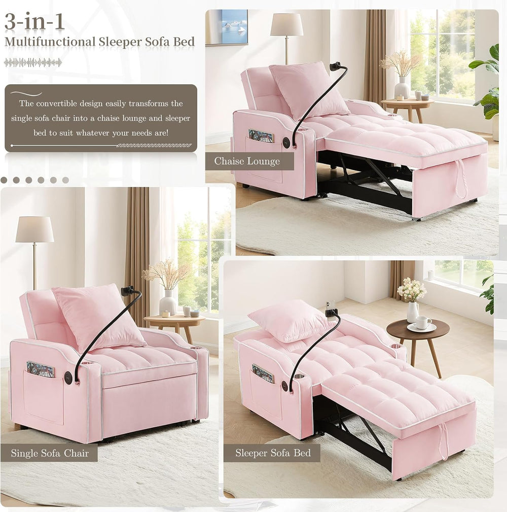 Convertible Single Sleeper Chair Bed,3 in 1 Velvet Futon Sleeper Sofa Bed wit...