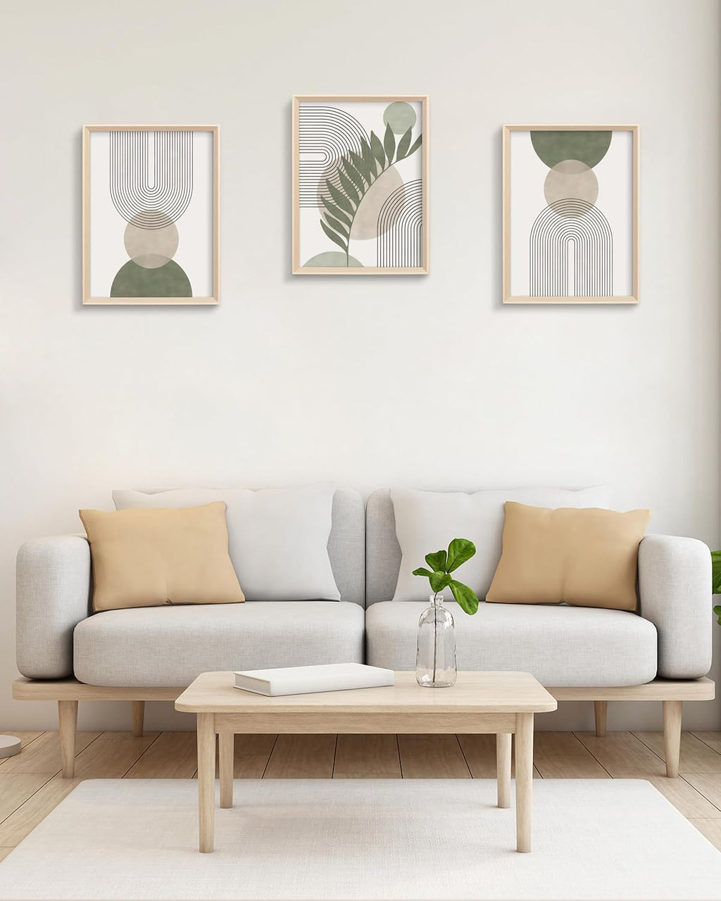 Boho Sage Green Framed Wall Art, Abstract Canvas Prints