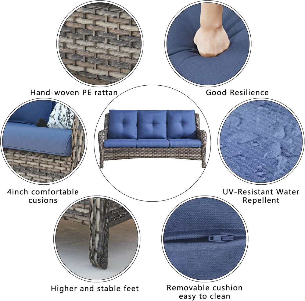 HUMMUH 5 Piece Wicker Patio Set, Sofa & Swivel Rockers, Grey/Blue