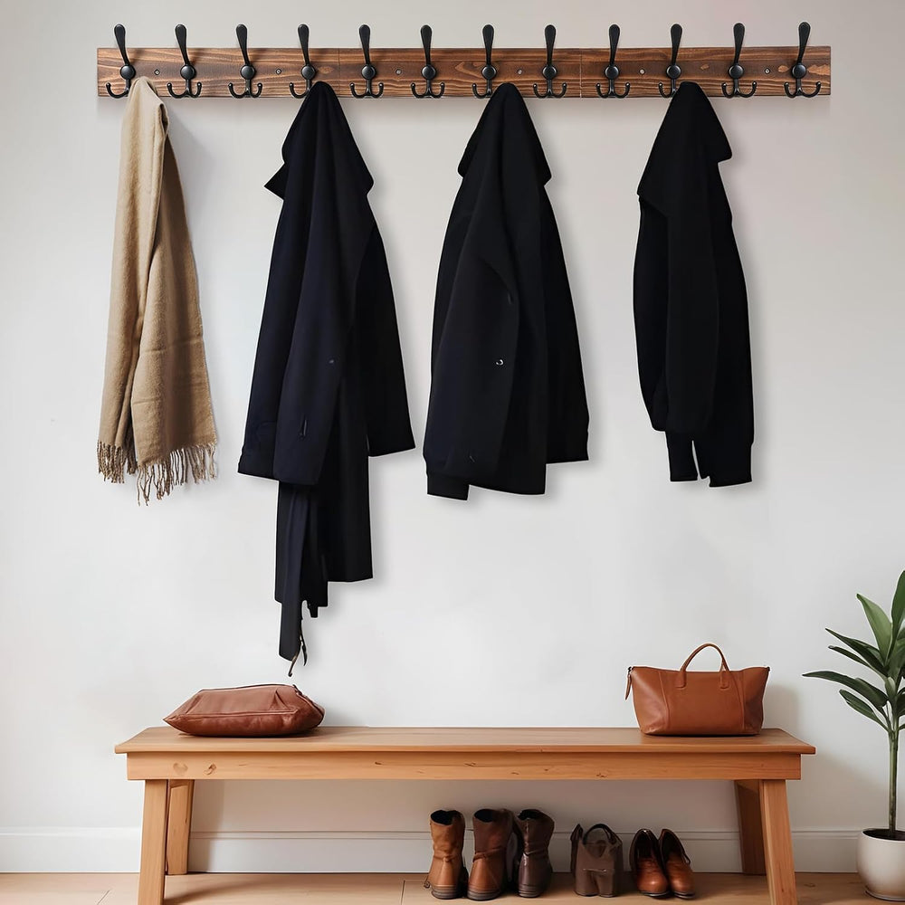 Coat Rack Wall Mount 47.3'' Solid Wood and 12 Hooks for Entryway