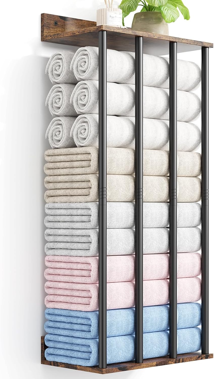 Wall Mounted 4-Bar Towel Rack with Wooden Shelf, Bathroom Storage Holder