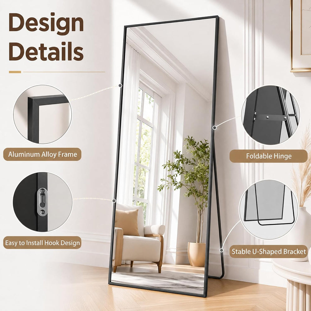 Antok 76"×34" Full Length Wall Mounted Hanging Mirror, Aluminum, Black