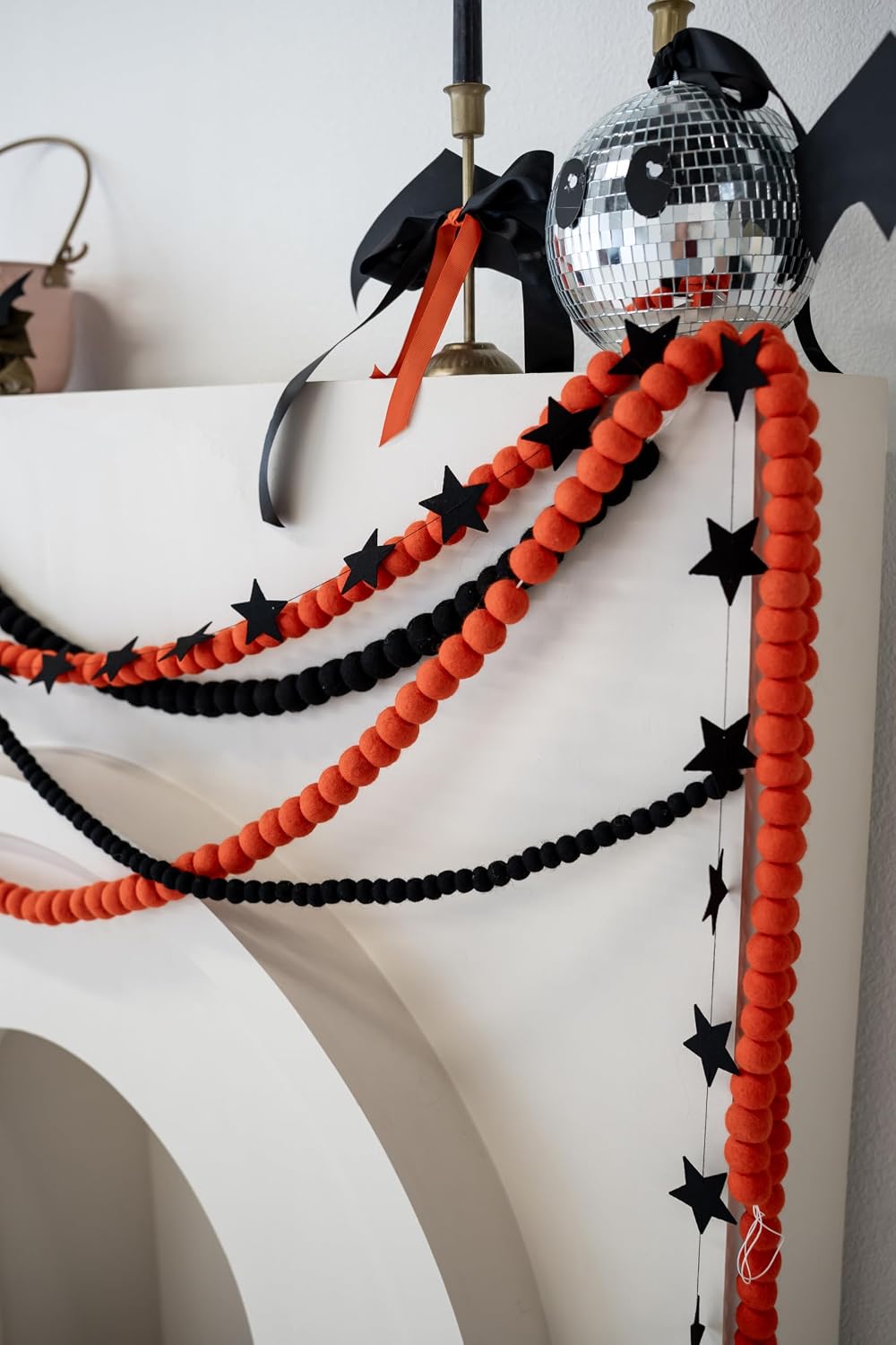 Black Felt Ball Garland, Wool Pom Pom Garland for Halloween Christmas Decor
