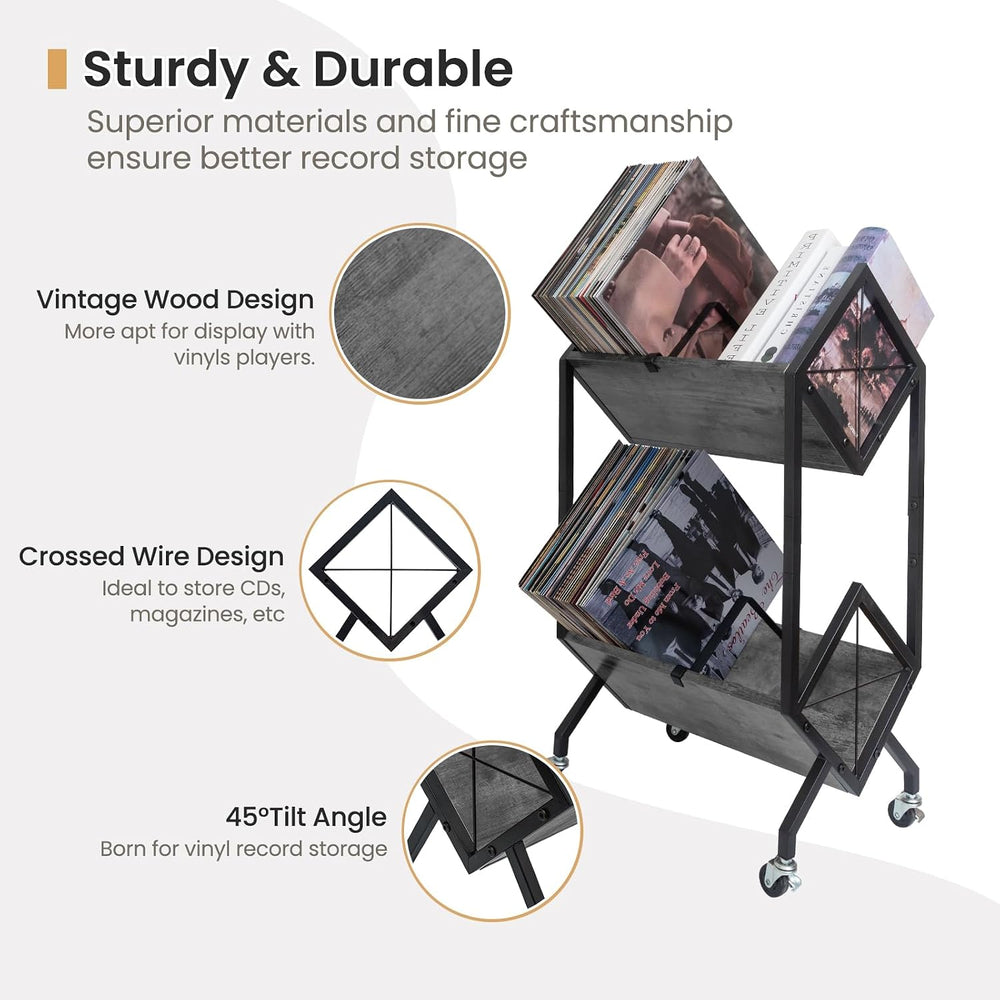 SwaaVee Vinyl Record Storage Holder with Wheels, 2-Tier Record Holder 160-200...