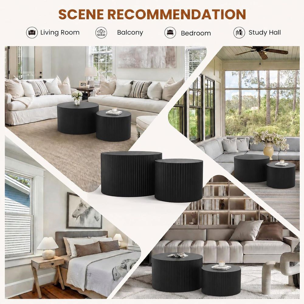 Round Wood Coffee Table Set of 2 Nesting Coffee Tables Black 18.9 inch