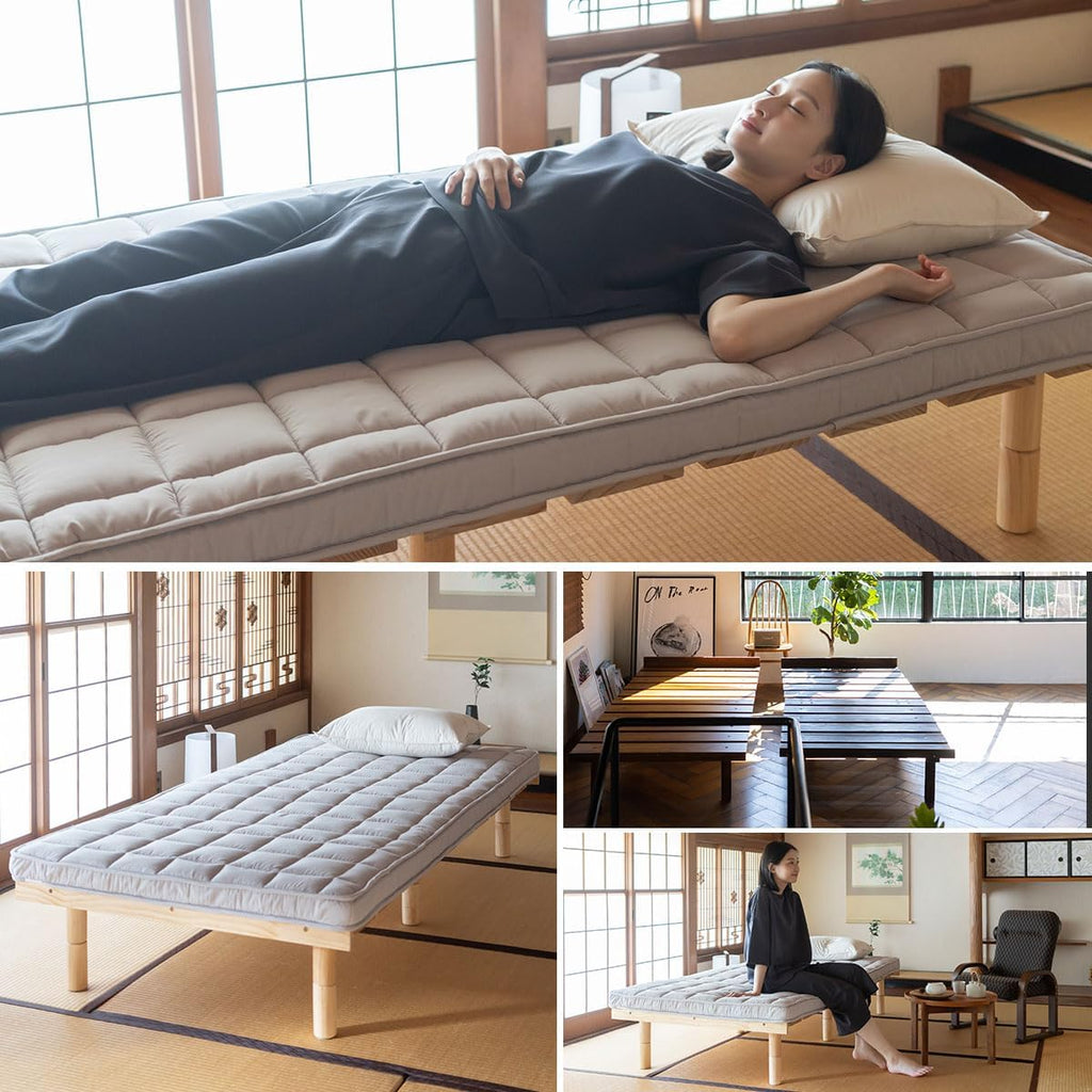 EMOOR Japanese Futon Mattress & Wood Slatted Bed Set Machi-OSMOS Twin (Coffee-Brown), Solid Pine 3-Heights Adjustable Easy-Assemble Japanese Sleeping Bed Tatami Mat
