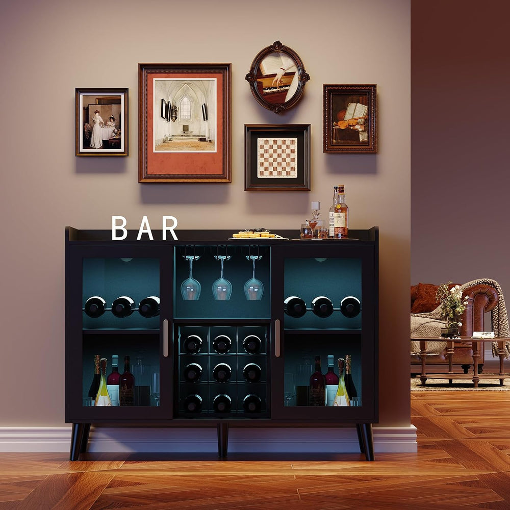 Garvee Modern Wine Bar Cabinet with LED Light, Wood Kitchen Coffee Bar Home L...