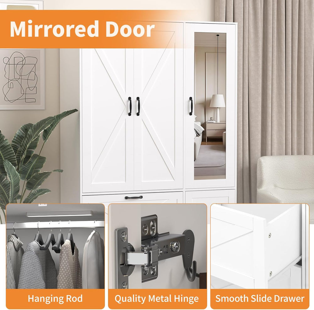 72'' Armoire Wardrobe Closet with Mirror Door & Light, Farmhouse ...