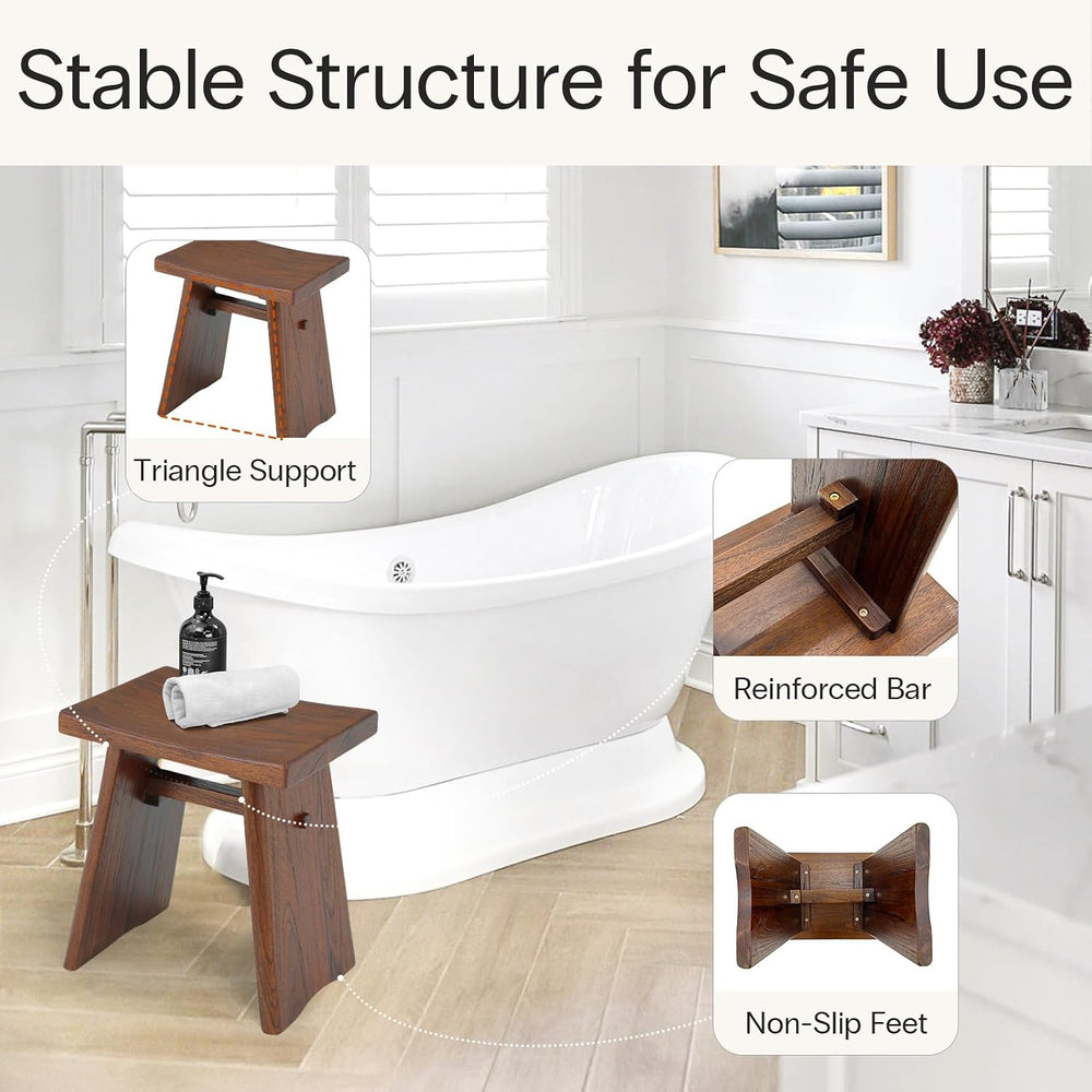 StrongTek Teak Shower Stool, 18 in, Curved Seat, 350 lb, Dark Brown