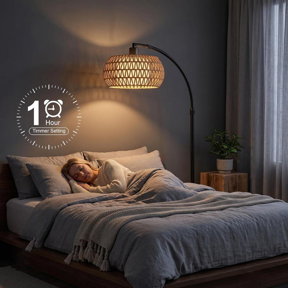 Arc Floor Lamp for Living Room, Rattan Floor Lamp with Remote Control