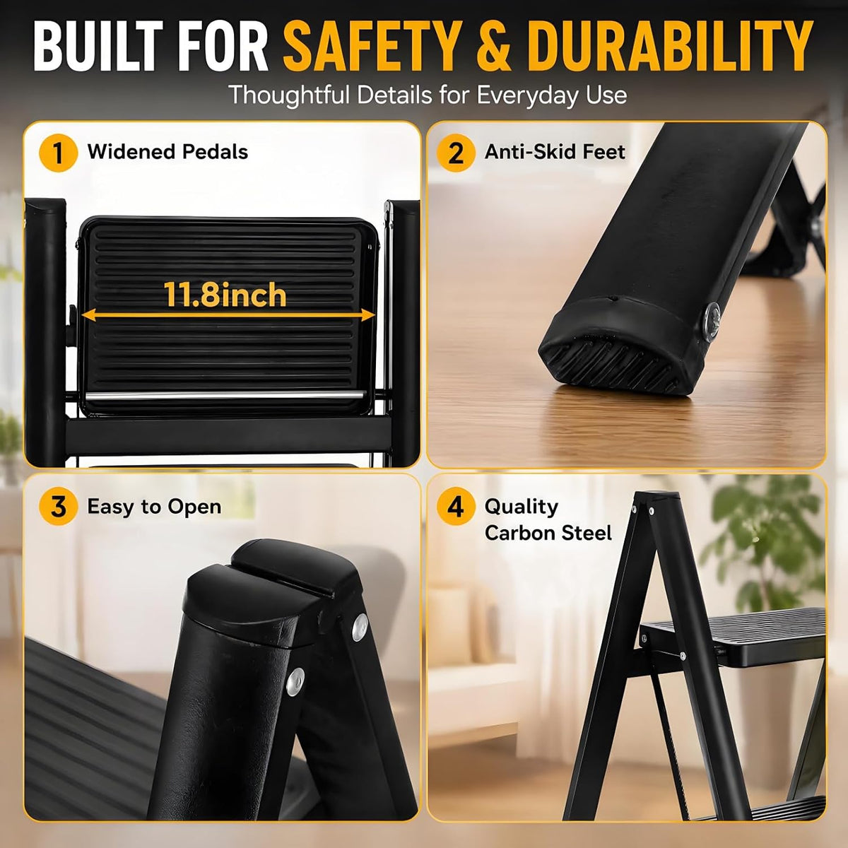 zavoos 2 step ladder, 330 lbs load capacity, close-up detail