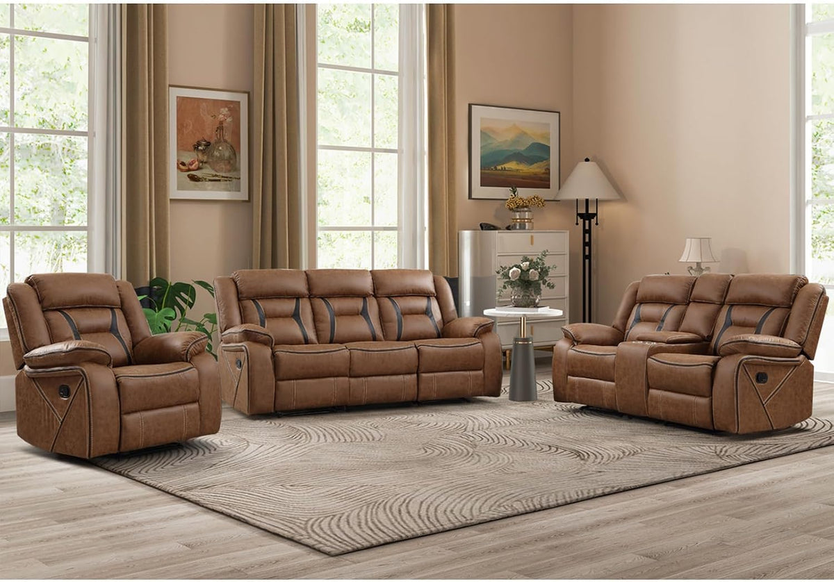 EBELLO Faux Leather Recliner Sofa Furniture Set for Living Room, Recliner Chair, Manual Loveseat, 3 Seat Recliniing Sofa Couch Set for Meeting Room, Brown