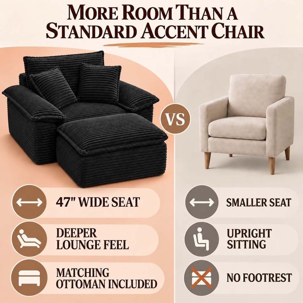 Black Oversized Chair with Ottoman, Boneless Corduroy Reading Chair