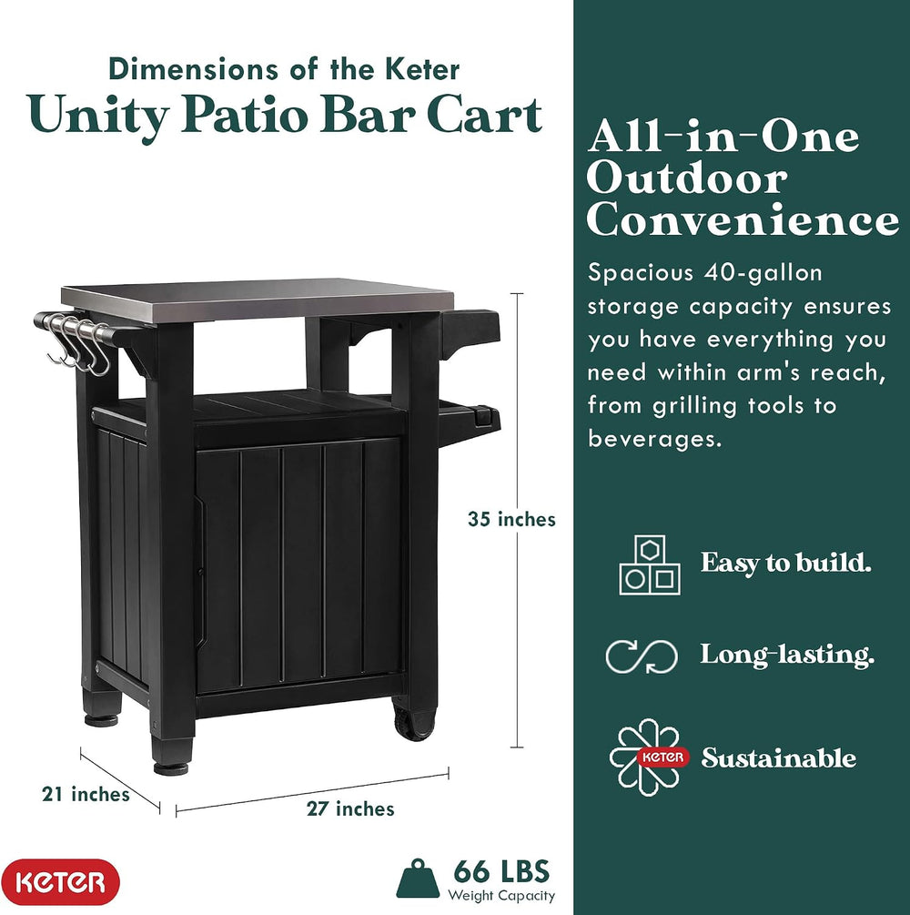 Keter Unity Outdoor Grill Prep Table & Serving Cart, 40 Gal, Brown