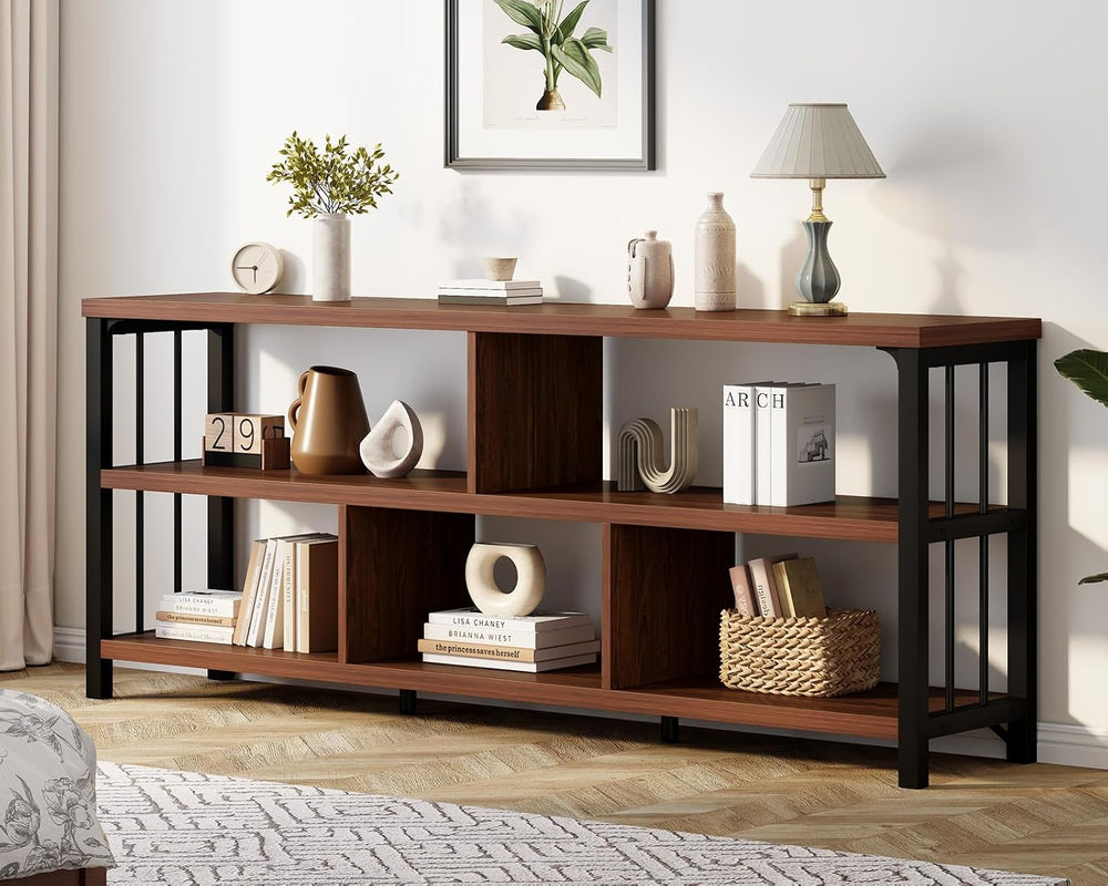 IBF 63” Long Horizontal Bookshelf, Wide Low Open Wood Bookcase, Walnut