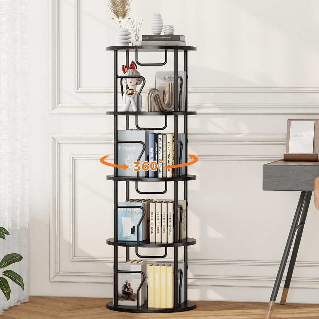 4 Tier Rotating Bookshelf Tower, 360° Display Round Bookcase, Floor Standing Corner Revolving Bookshelf Organizer Storage Rack for Small Spaces, Home Study Office, Black