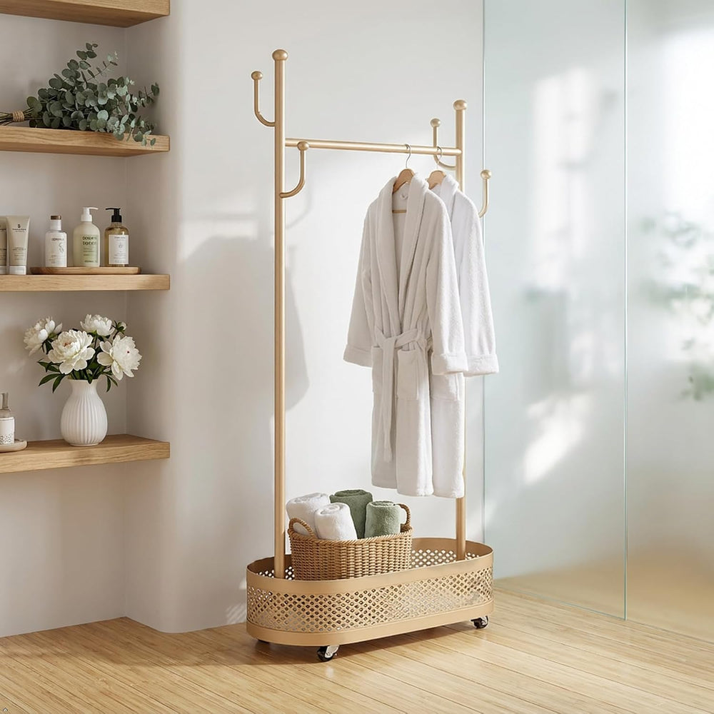 Gold Wheeled Cactus Metal Coat Rack Freestanding Garment Organizer
