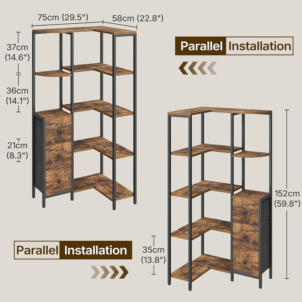 YATINEY Corner Bookshelf, 5-Tier L-Shaped Bookcase with 3 Fabric Drawers, Storage Display Shelf, Freestanding Tall Open Shelf, for Living Room, Bedroom, Home Office, Rustic Brown SJ12BR