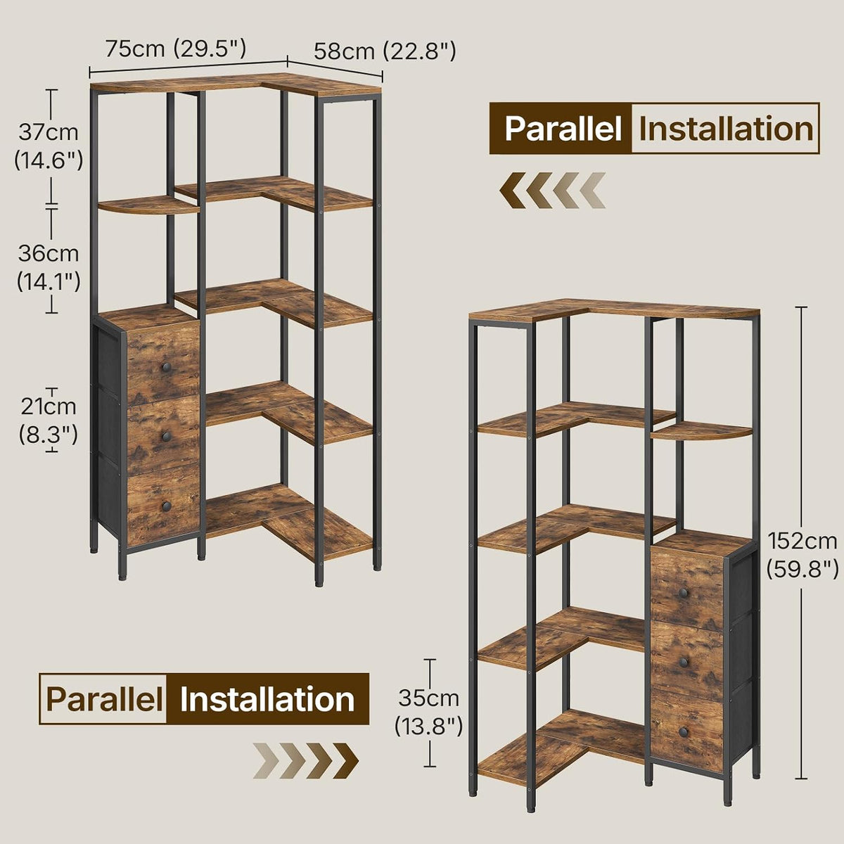 YATINEY Corner Bookshelf, 5-Tier L-Shaped Bookcase with 3 Fabric Drawers, Storage Display Shelf, Freestanding Tall Open Shelf, for Living Room, Bedroom, Home Office, Rustic Brown SJ12BR