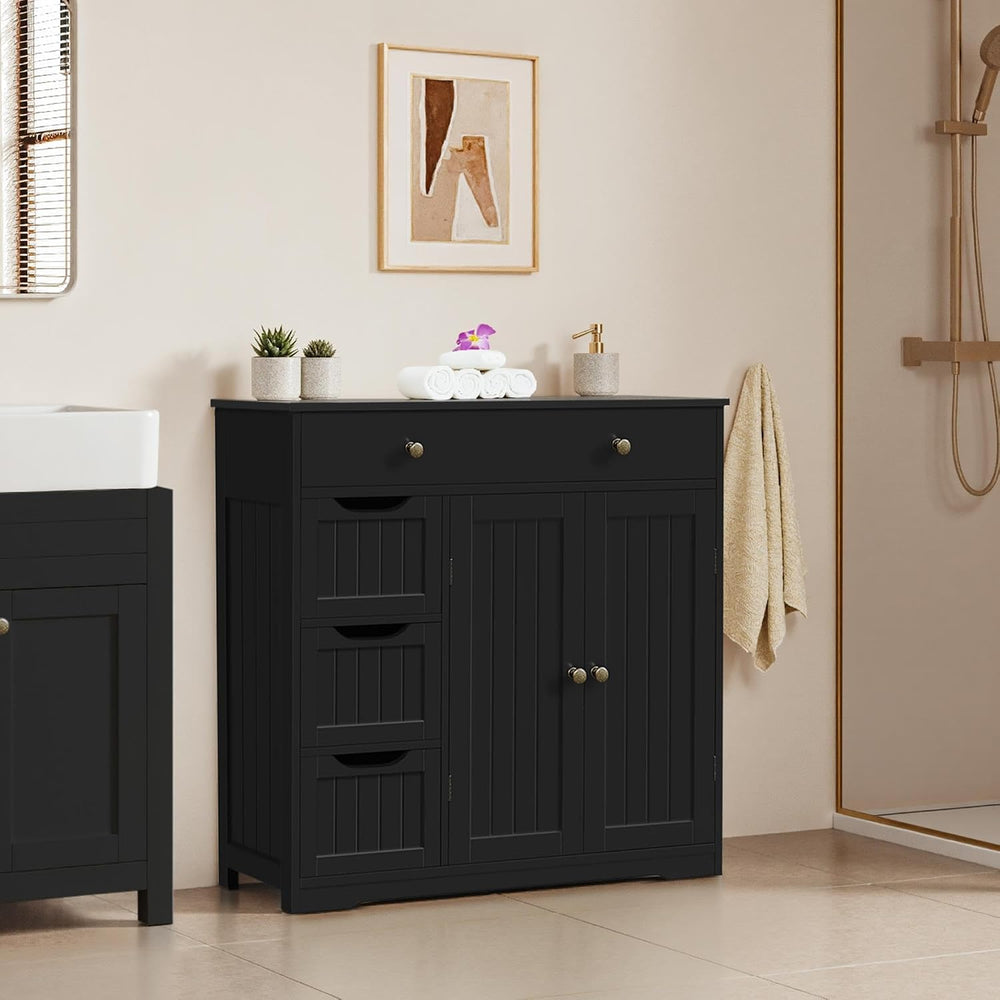 Yaheetech Bathroom Floor Cabinet with 1 Big Drawer, 3 Small Drawers, Black