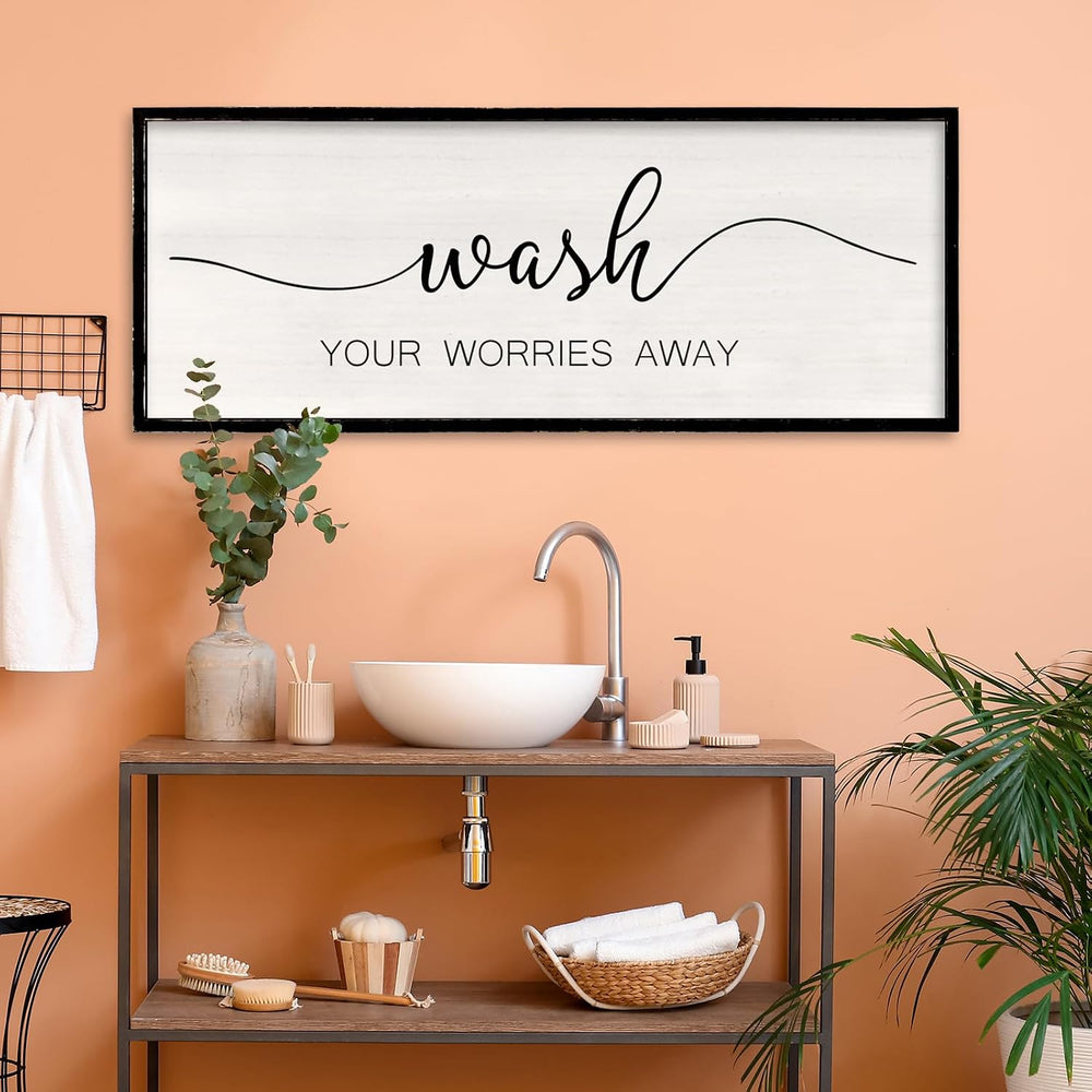 Wash Your Worries Away Bathroom Wall Decor, 40x15 Inch, Black