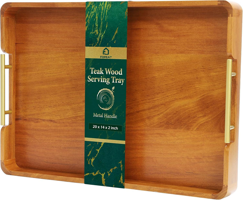 Solid Teak Wood Serving Tray with Handles, 20 x 14 Inch