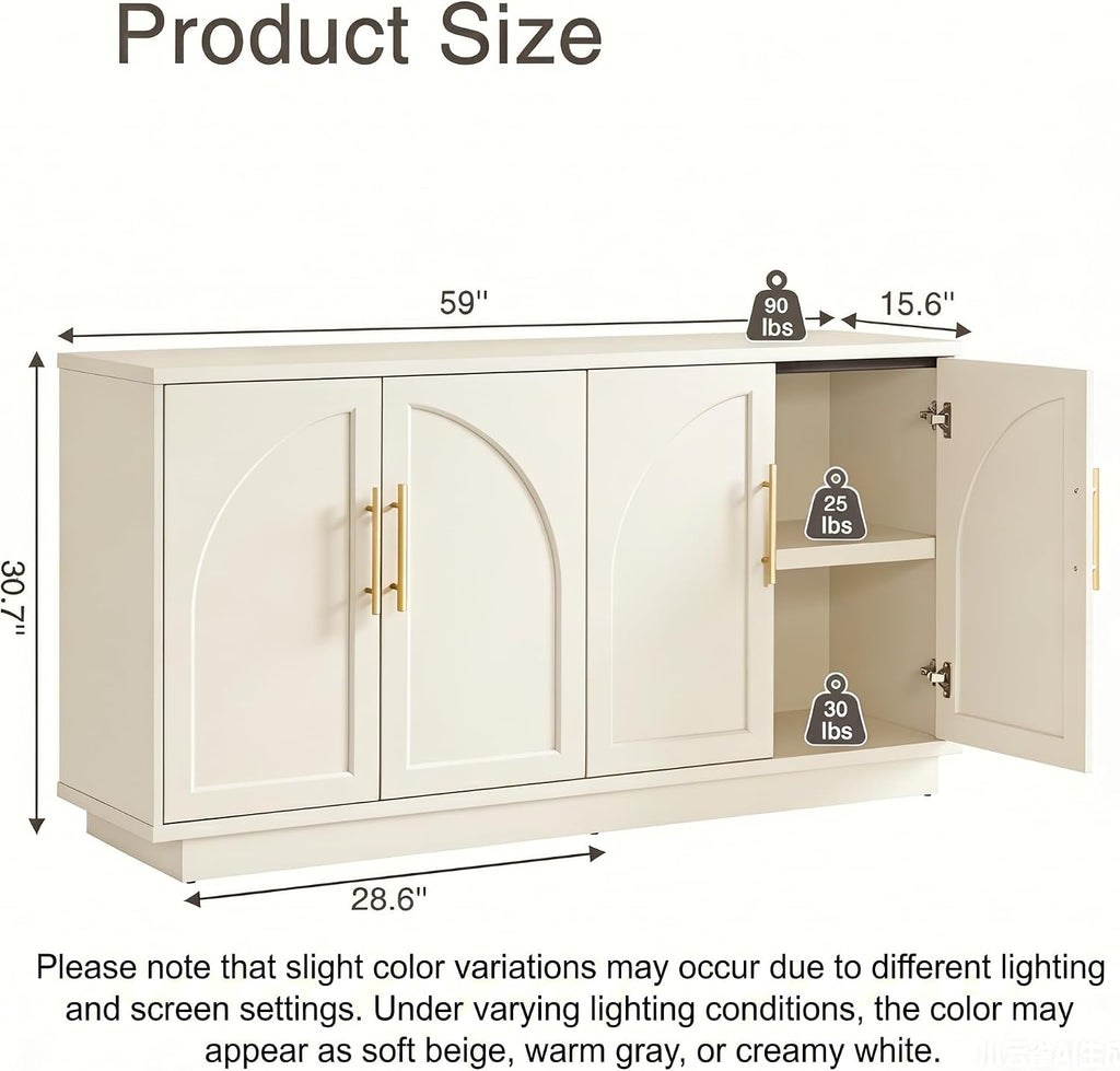 Fatmok Buffet Cabinet with Storage, 59'' Modern Arched Sideboard Cabinet w/Adjustable Shelves, Wood Media TV Console Table Credenza for Living Room Hallway Entryway, Beige(Not White)