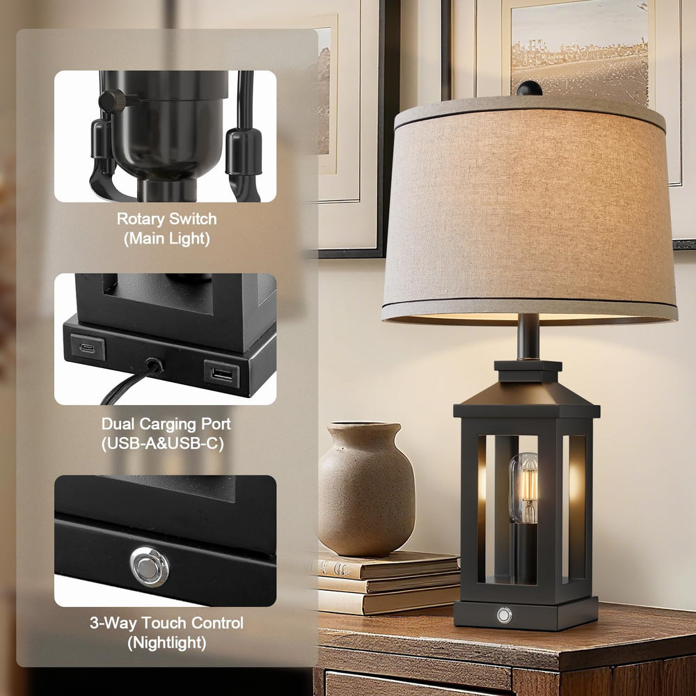 BOBOMOMO 23.75" Farmhouse Black Table Lamps Set of 2– Rustic Bedside Lam...