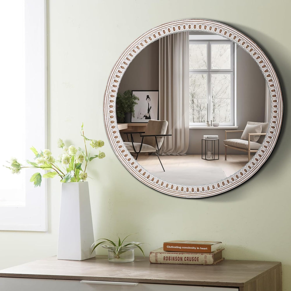 24 Inch Round Wood Mirror, Rustic Farmhouse Circle Mirrors for Wall Decor