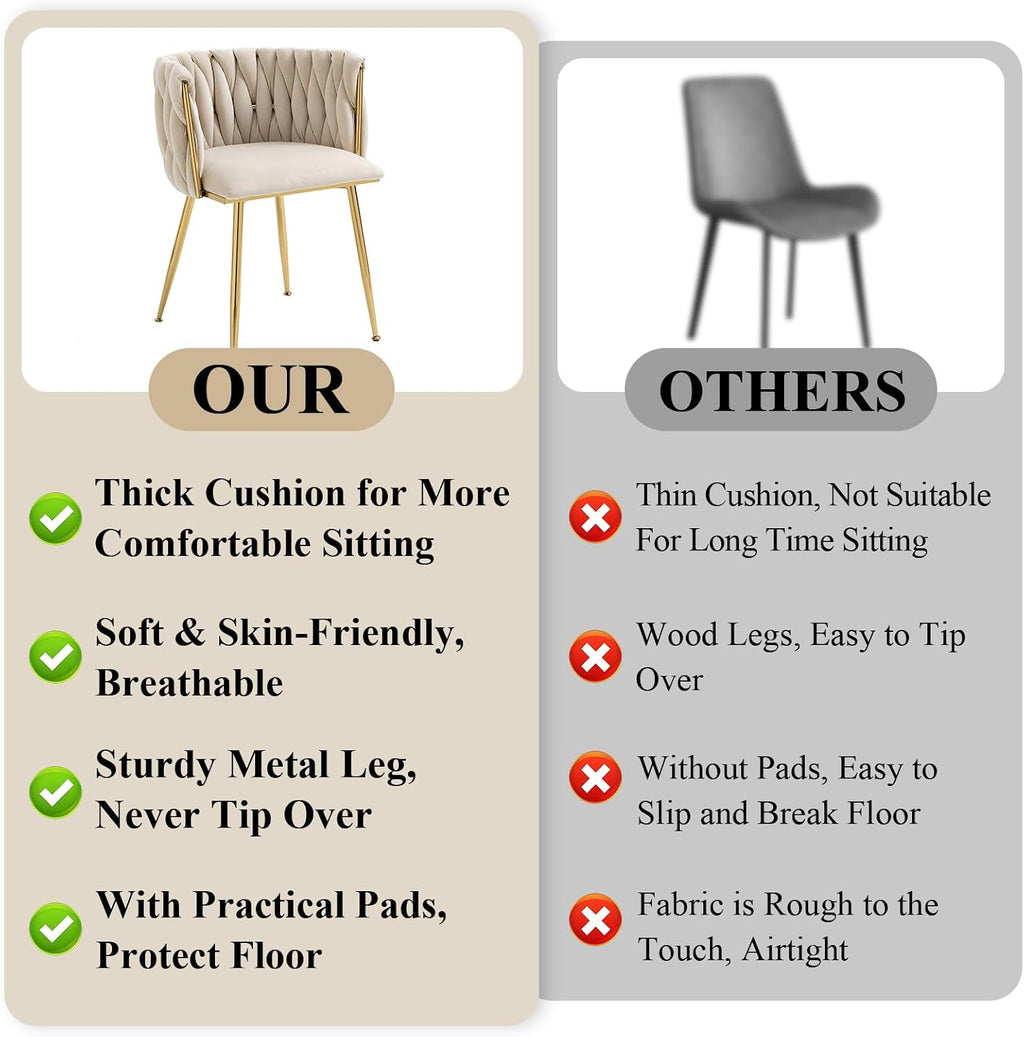 NIOIIKIT Modern Velvet Dining Chairs Hand Weaving Accent Chairs Living Room Chairs Upholstered Side Chair with Golden Metal Legs for Dining Room Kitchen Vanity Living Room (Ivory) (Set of 2)